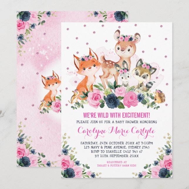 Blommigten Baby Shower för Rosa av ungtallrik Inbjudningar (Fram/baksida)