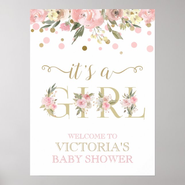Blommigten Baby Shower  för rosa Guld Watercolor  Poster (Framsidan)