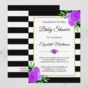 Blommigten Baby Shower för svartvit Rand Watercolo Inbjudningar