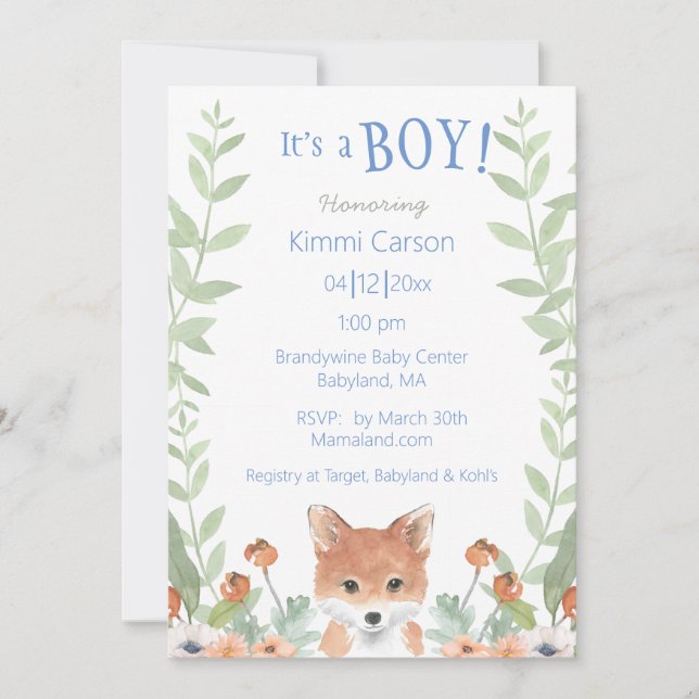 Blommigten Baby Shower för Woodland Fox Pojke-skri Inbjudningar (Framsida)