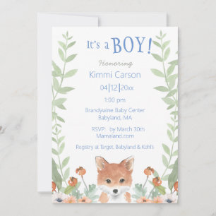 Blommigten Baby Shower för Woodland Fox Pojke-skri Inbjudningar