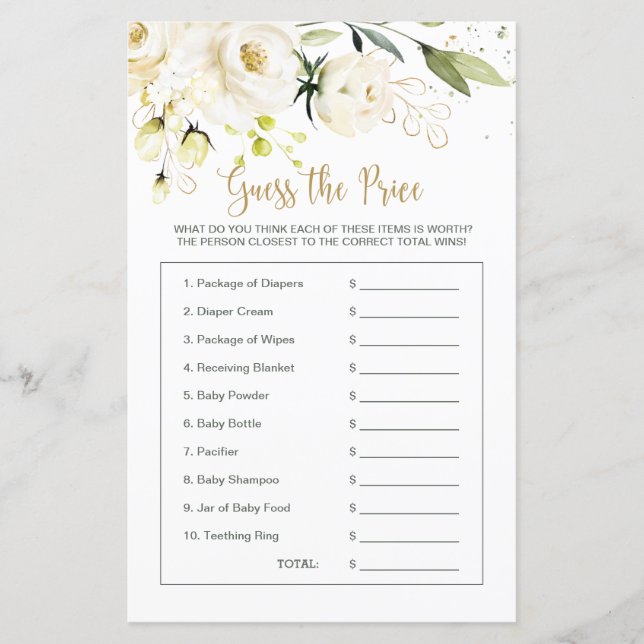 Blommigten Baby Shower Gissa Prist spel (Framsida)