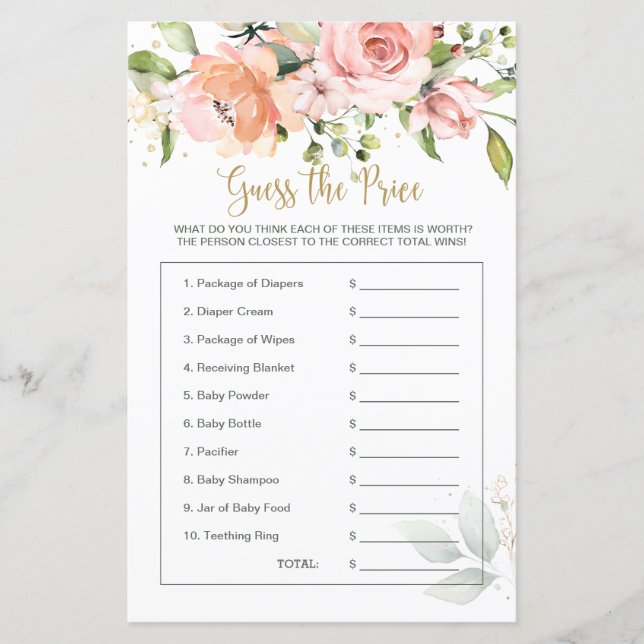 Blommigten Baby Shower Gissa Prist spel (Framsida)