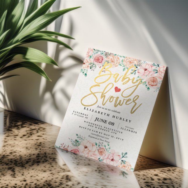 Blommigten Baby Shower Inbjudan i Guld skript & Wa (Skapare uppladdad)