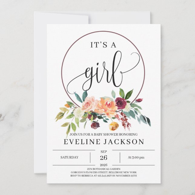 blommigten Baby Shower Inbjudan i höstbergen Marig (Framsida)