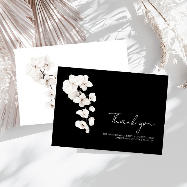 Blommigten Baby Shower Modern Black White Orchids Tack Kort (Modern Black and White Orchids Flowers Baby Shower Thank You Card)
