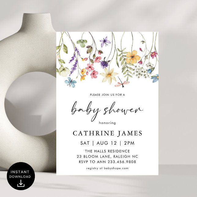 Blommigten Baby Shower Modern Watercolor Wildblomm Inbjudningar (Skapare uppladdad)