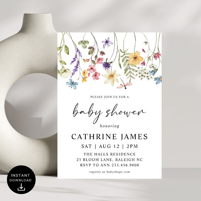 Blommigten Baby Shower Modern Watercolor Wildblomm Inbjudningar (Skapare uppladdad)