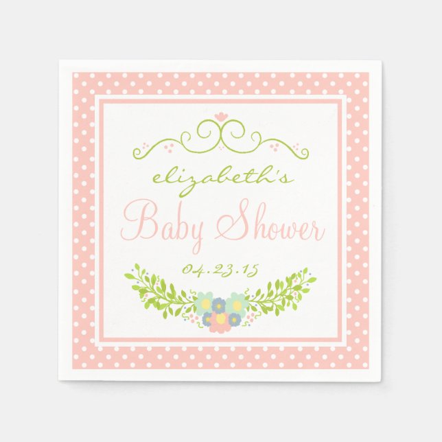 Blommigten Baby Shower Peach Pappersservett (Framsidan)
