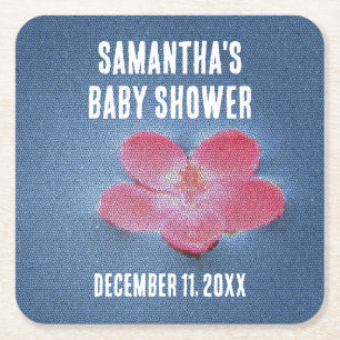 Blommigten Baby Shower Rosa Flower Blue Vatten Underlägg Papper Kvadrat