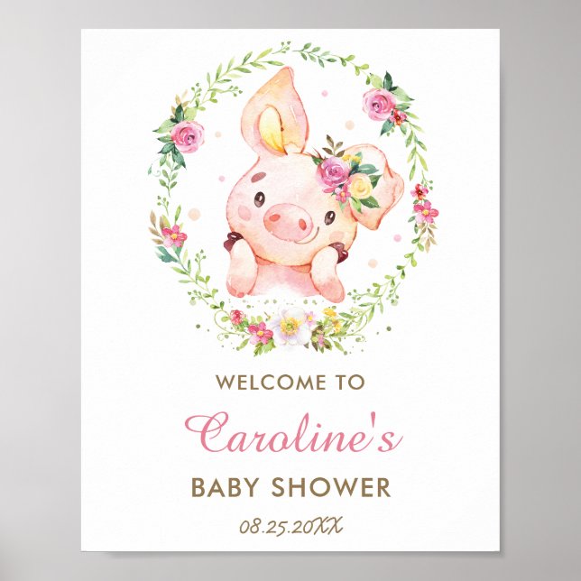 Blommigten Baby Shower Rosa  i Cute Piggy Gris Väl Poster (Framsidan)