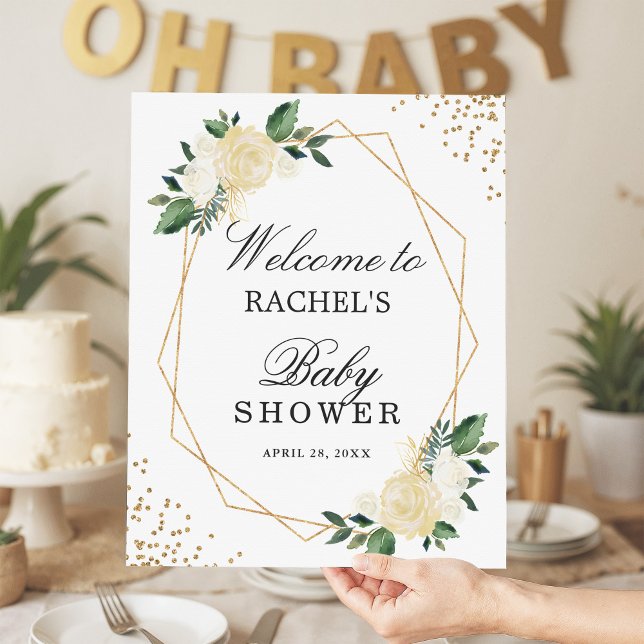 Blommigten Baby Shower Sign för Greenery Guld Glit Poster (Skapare uppladdad)