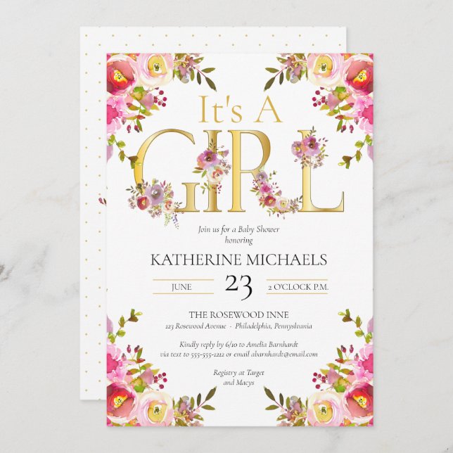 Blommigten Baby Shower (ung. en liten damfärgsblom Inbjudningar (Fram/baksida)