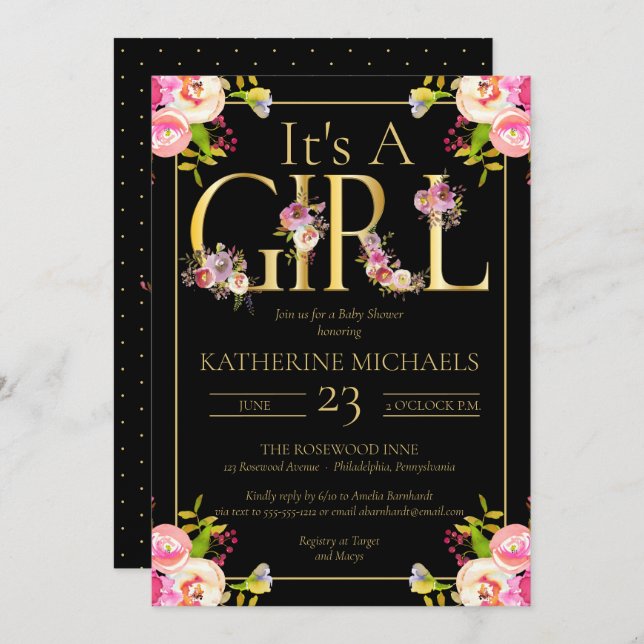 Blommigten Baby Shower (ung. en liten damfärgsblom Inbjudningar (Fram/baksida)