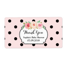 Blommigten Babyetiketter för Rosa Black Dots