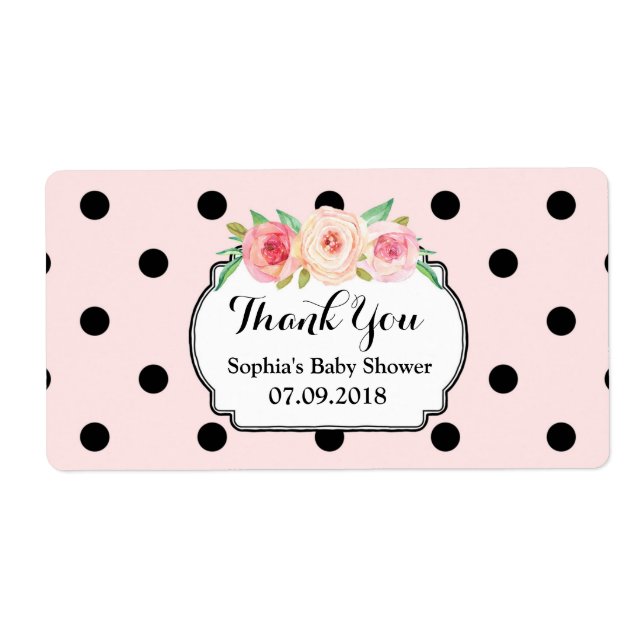 Blommigten Babyetiketter för  Rosa Black Dots  Fraktsedel (Framsidan)