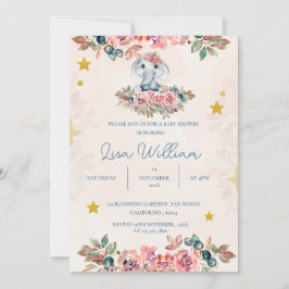 Blommigten Babykläder för Cute Elephant Blue Peach Inbjudningar