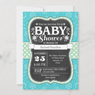 Blommigten Babykläder för Turquota Mint Chalkboard Inbjudningar