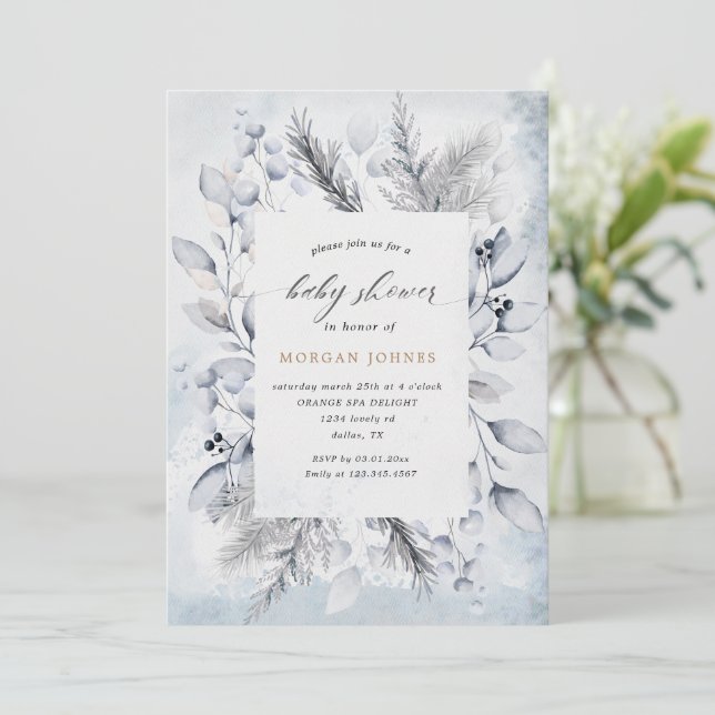Blommigten Babykläder för vinterblå Elegant Inbjud (Stående Fram)