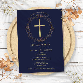 Blommigten Baptism vid Christening Navy Blue Guld  Inbjudningar