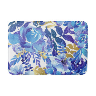 Blommigten Bath Mat, vacker blå vattenfärg Badrumsmatta