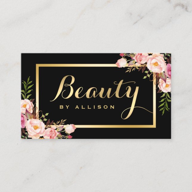 Blommigten Beauty Script Makeup Salon Black Guld Visitkort (Framsida)