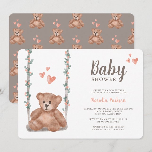 Blommigten Bebisdusch för utspädd nalle Inbjudningar (Fram/baksida)