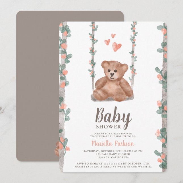 Blommigten Bebisdusch för utspädd nalle Inbjudningar (Fram/baksida)