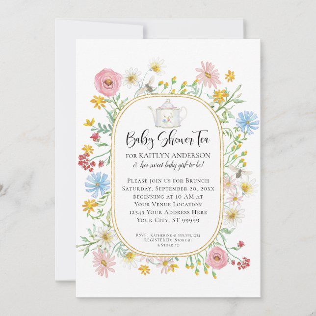 Blommigten Bees Tea Party Baby Inbjudningar (Framsida)