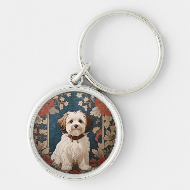 Blommigten BeSnyval Havanese Hund William Morris Rund Silverfärgad Nyckelring (Framsidan)