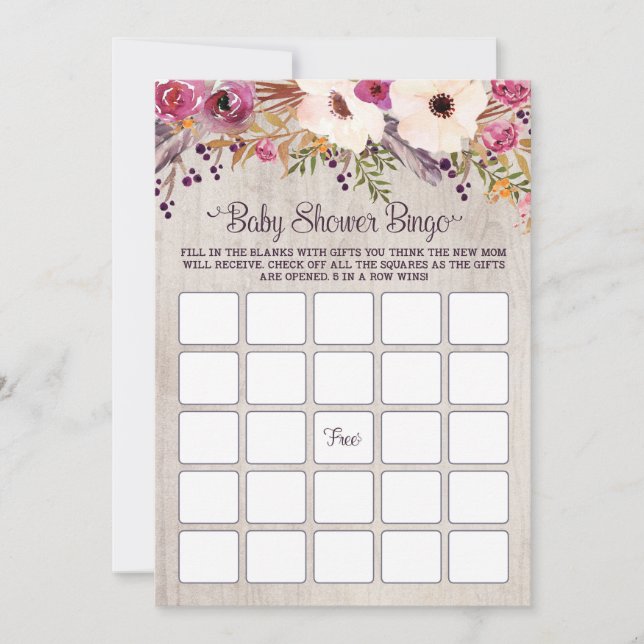 Blommigten Bingo Baby Shower Game Rustic Boho Flow Inbjudningar (Framsida)