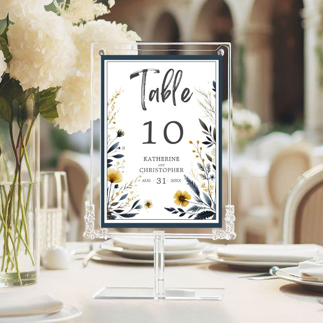 Blommigten Blå Gult Elegant bröllop Bordsnummer (Blue Yellow Wildflowers Wedding Elegant Formal Table Number.)