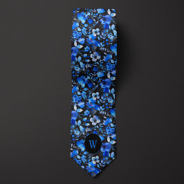 Blommigten Blå och svart vattenfärg, Monogram Slips