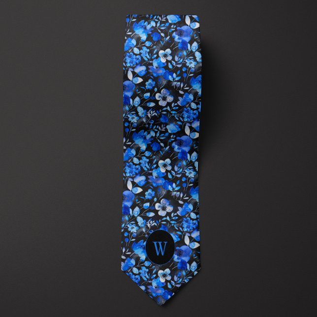 Blommigten Blå och svart vattenfärg, Monogram Slips (Skapare uppladdad)