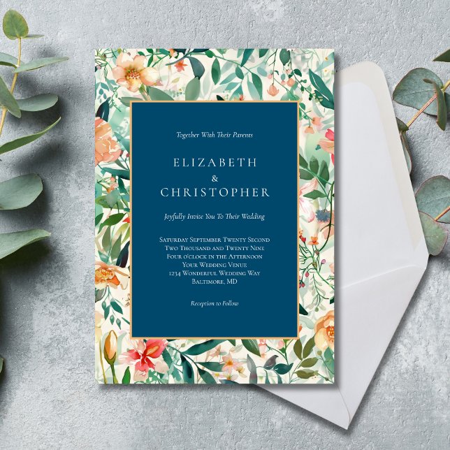 Blommigten Blå persika Grönt Vattenfärg Elegant br Inbjudningar (Blue Peach Green Floral Watercolor Elegant Modern Wedding Invitation)