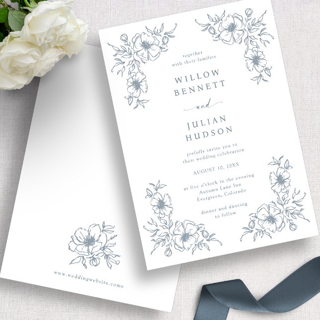 Blommigten Blå Vintage Bröllop Inbjudningar (Blue Vintage Floral Wedding Invitation
)