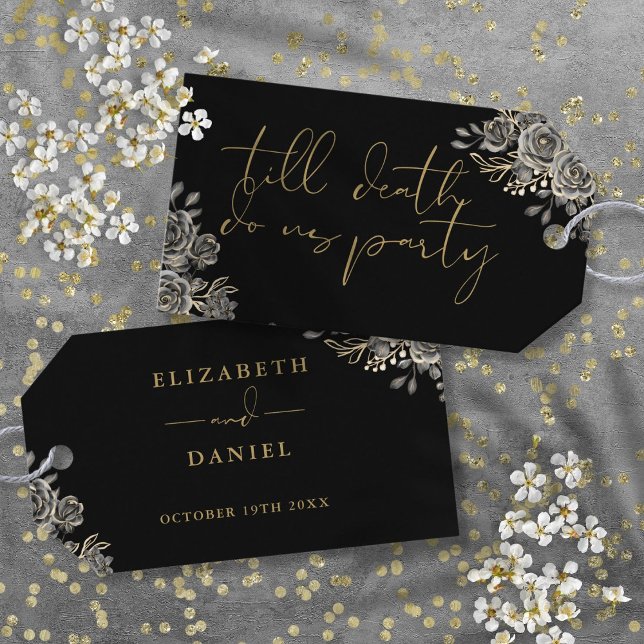Blommigten Black and Guld Ro Gothic Wedding Favor Presentetikett (Black And Gold Roses Floral Gothic Wedding Favor Gift Tags)