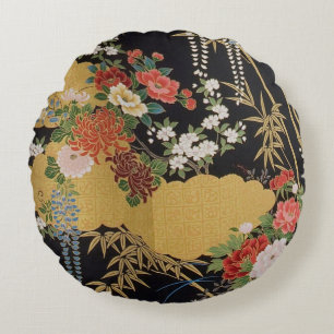Blommigten Black and Guld Traditional Japanska Kim Rund Kudde