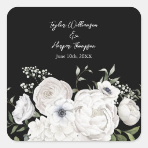 Blommigten Black and White Elegant Bouquet Modern Fyrkantigt Klistermärke
