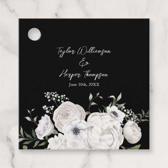 Blommigten Black and White Elegant Bouquet Modern Gåvor Etiketter (Framsida)