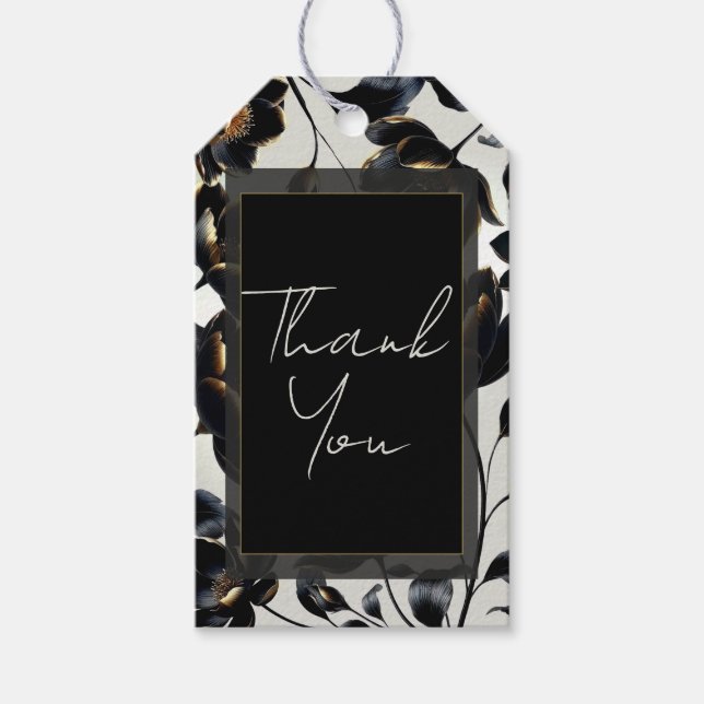 Blommigten Black & Guld, Greige Bröllop Presentetikett (Framsidan)