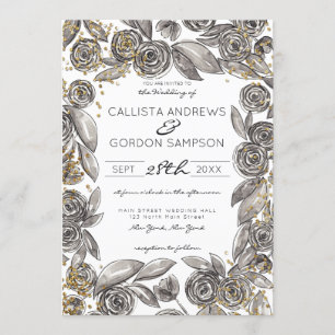 Blommigten Black Guld Konfetti Watercolor Bröllop Inbjudningar
