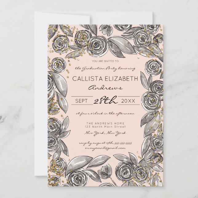 Blommigten Black Guld Konfetti Watercolor Studente Inbjudningar (Framsida)