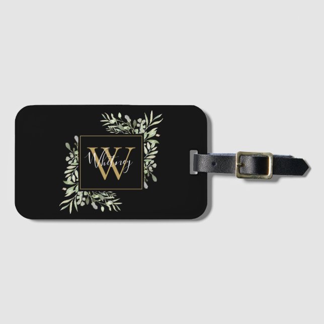Blommigten Black Guld Monogram Greenery Bagagebricka (Framsida horisontal)