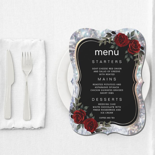 Blommigten Black Silver Gothic Red Grönt Inbjudningar (Black Silver Gothic Red Green Floral Menu Invitation #zazzlemade #menuinvitation #dinner #wedding)