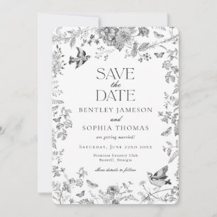 Blommigten Black Toile De Jouy Vintage Spara datum Inbjudningar