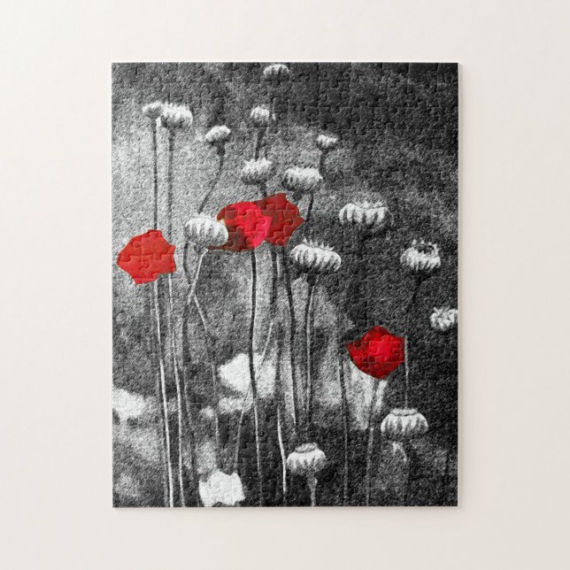 Blommigten Black White Red Poppies Flower Art-mall Pussel (Vertikal)