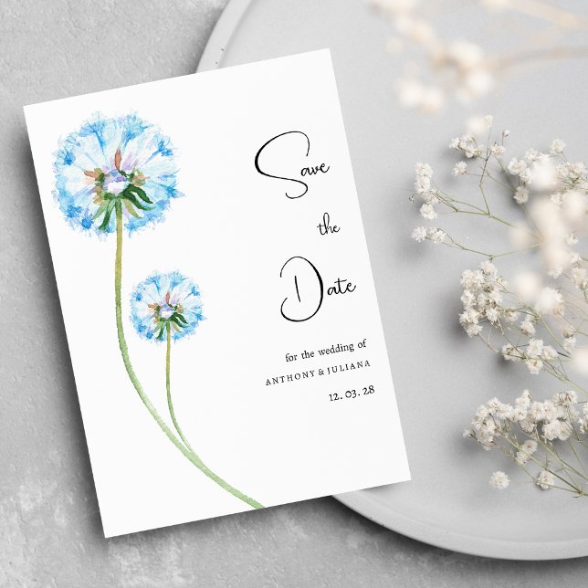 Blommigten Blålilac grönt dandelion Spara datum Inbjudningar (Blue lilac green dandelion floral Save the Date)