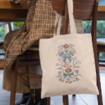 Blommigten Blåsegment och Blommar Tygkasse<br><div class="desc">Boho och rustik tote-väska med hand plockade illustration av knärör och blommor i blått.</div>
