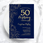 Blommigten Blått Guld 50:e Födelsedagsfesten Inbjudningar<br><div class="desc">Blommigten Blått Guld 50 Födelsedagsfest inbjudan. Minimalistisk modern design med botaniska konturaccenter för teckning,  faux guld-folie och typografi-skript. Enkel inbjudan-kortsperfekt för trendig för en snyggt kvinna på dagen firande. Kan anpassas till vilken ålder som helst. Skrivna Zazzle-inbjudningar eller digital utskrivbar mall för omedelbar nedladdning.</div>